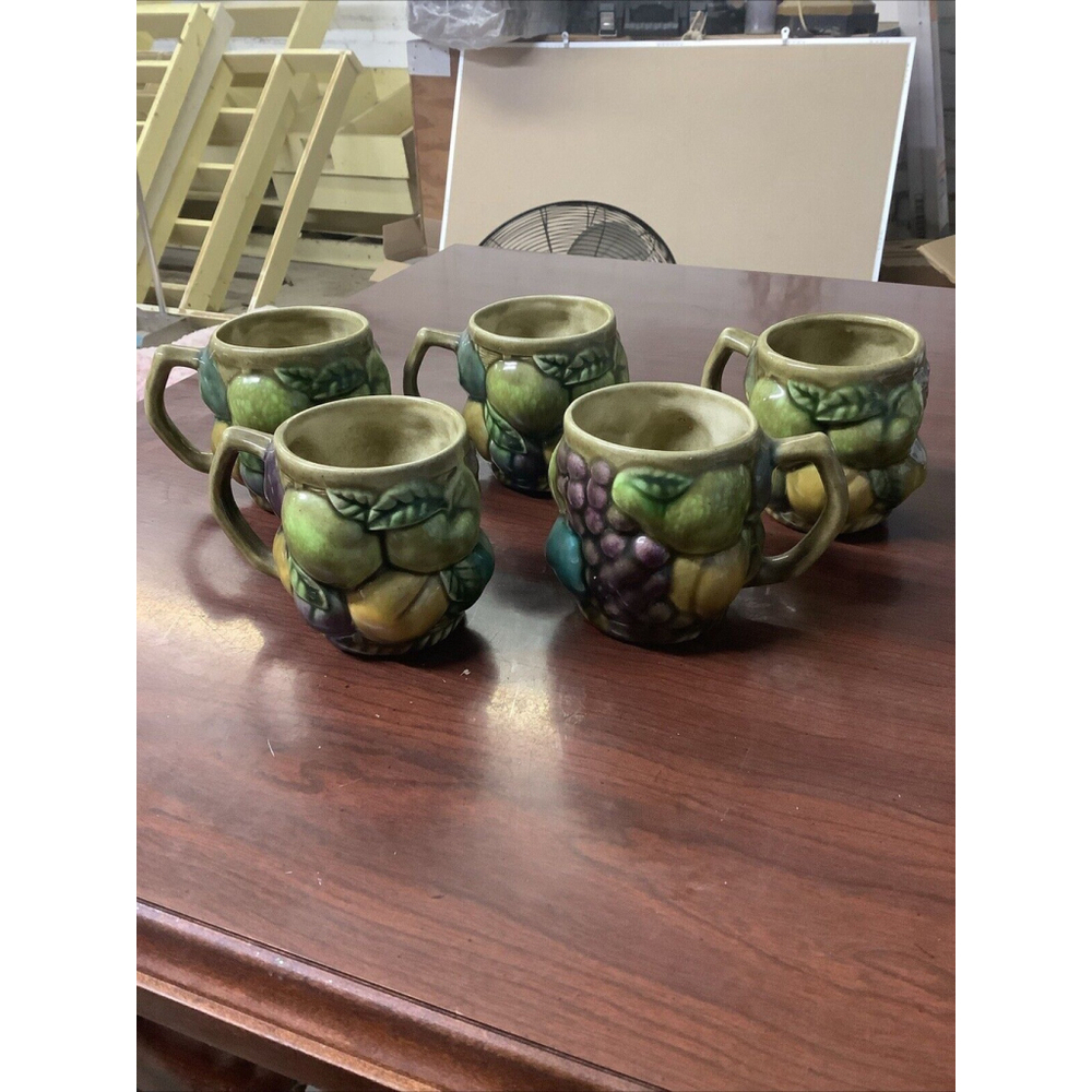 MCM Art Ceramic Mugs‎ Fruit Grape Apple Pear Peach Hand Painted Signed 70